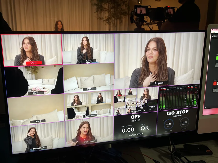 Multicamera view of Khloé Kardashian on the control room monitor
