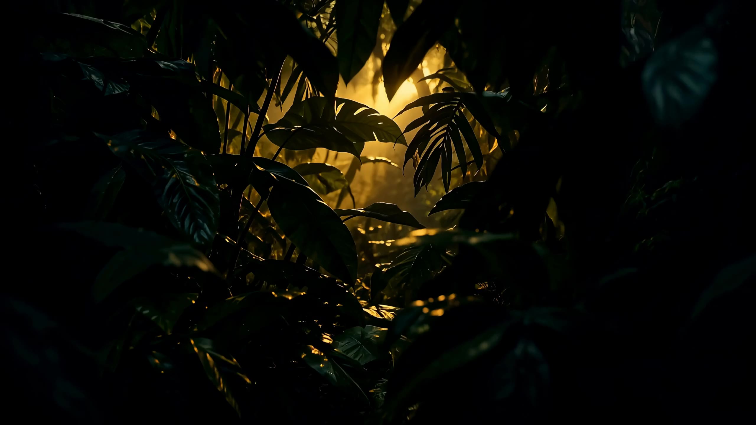 Dark rainforest leaves backlit by warm yellow light