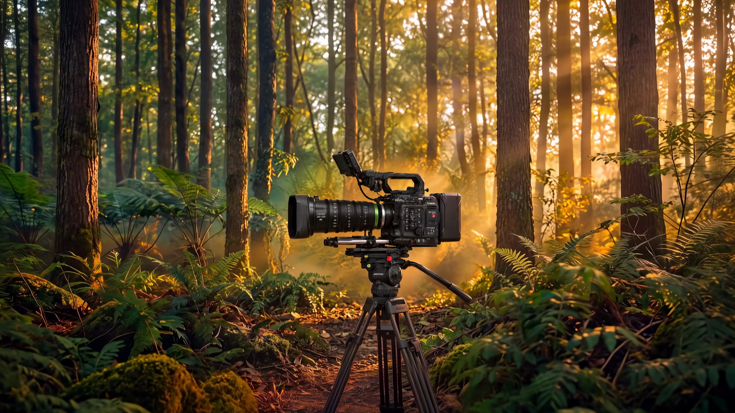 A slow push through dense foliage toward a cinema camera in a clearing