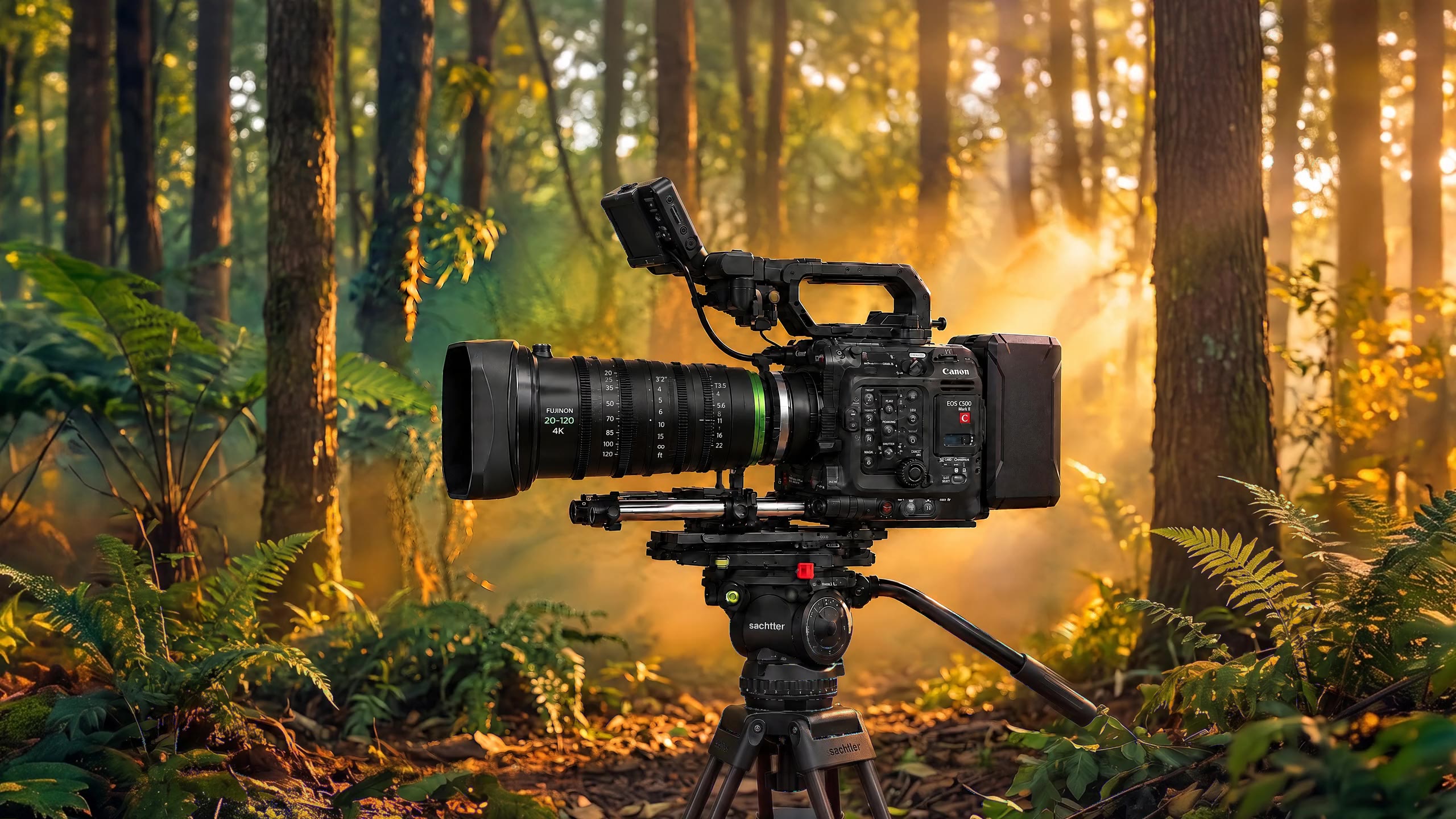 A Canon cinema camera with a Fujinon zoom lens on a tripod in a sunlit forest clearing