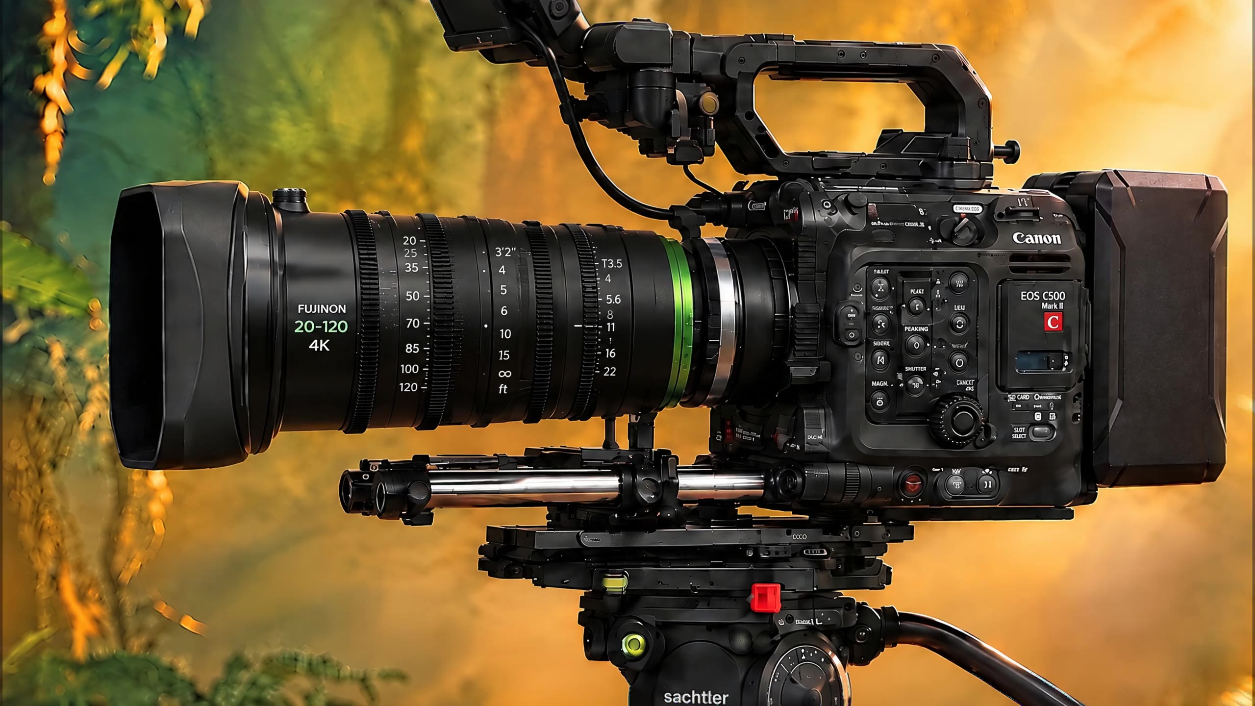 The cinema camera turns on its tripod head until its lens faces the viewer